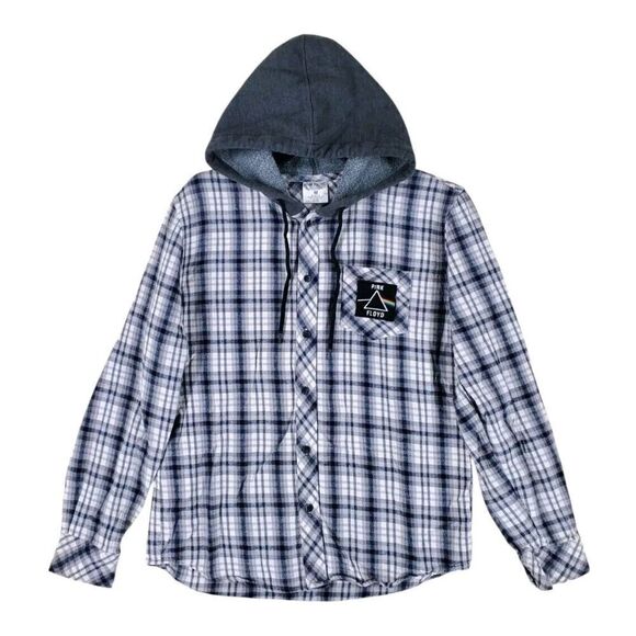Pink Floyd Hooded Flannel Shirt Men M Black White Plaid Dark Side Of Moon '73 LS - Picture 10 of 11